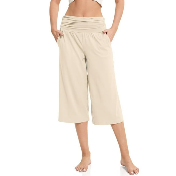 Xixinqiwan Women's Wide Leg Capri Pants Loose Lounge Cropped Pants Lightweight Elastic High Waist Comfy Yoga Capris with Pockets