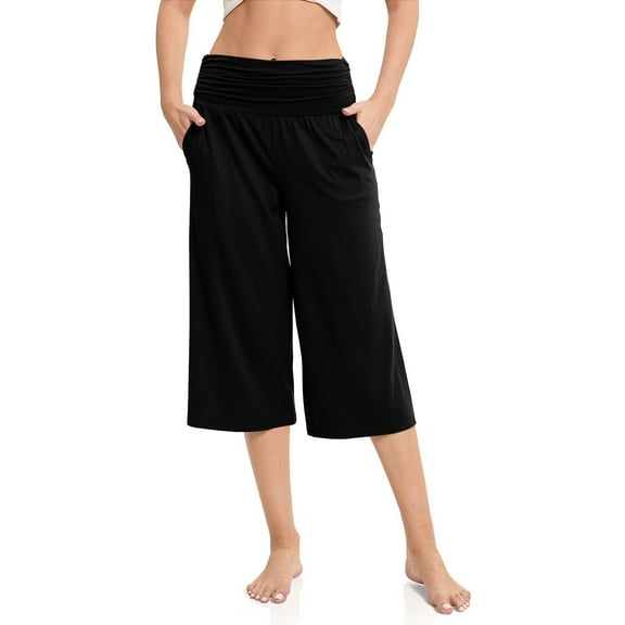 Xixinqiwan Women's Wide Leg Capri Pants Loose Lounge Cropped Pants Lightweight Elastic High Waist Comfy Yoga Capris with Pockets