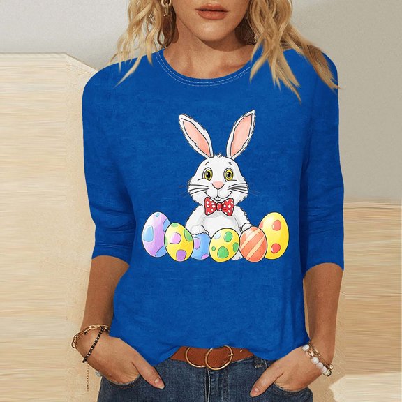 Xixinqiwan Womens 3/4 Sleeve Blouses,Easter Decor Women Lady Funny Bunny Graphic Printed Short Sleeve T-Shirt Casual Loose Top Tunics