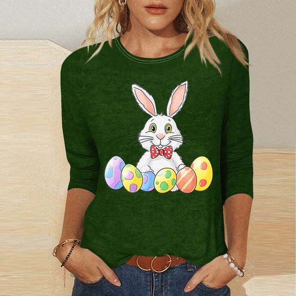 Xixinqiwan Womens 3/4 Sleeve Blouses,Easter Decor Women Lady Funny Bunny Graphic Printed Short Sleeve T-Shirt Casual Loose Top Tunics