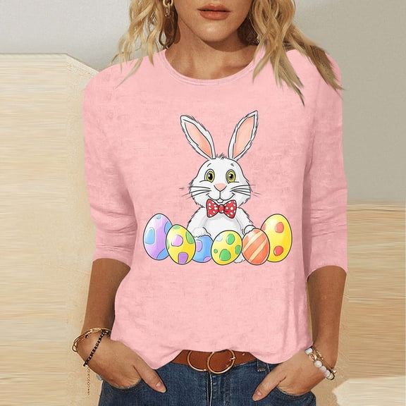 Xixinqiwan Womens 3/4 Sleeve Blouses,Easter Decor Women Lady Funny Bunny Graphic Printed Short Sleeve T-Shirt Casual Loose Top Tunics