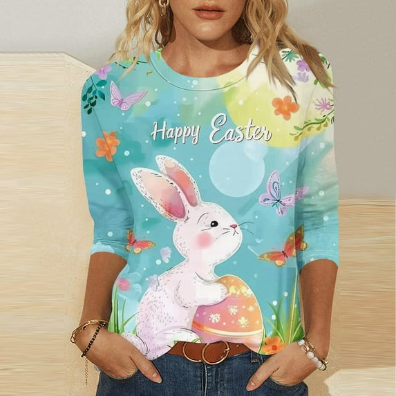 Xixinqiwan Womens 3/4 Sleeve Blouses,Women Happy Easter Egg Gift Blouses for Ladies Elbow 3/4 Sleeve Round Neck Funny Bunny Easter Graphic Tops Tees
