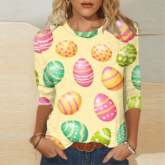 Xixinqiwan Womens 3/4 Sleeve Blouses,Womens Tops Trend Three Quarter Sleeve Printed Cartoon Easter Bunny Tshirt Top Easter Dress for Women