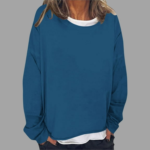 Xixinqiwan Womens Crew Neck Sweatshirts Long Sleeve Fake Two Piece Loose Tops Color Block Ribbed Trim Fashion Blouse