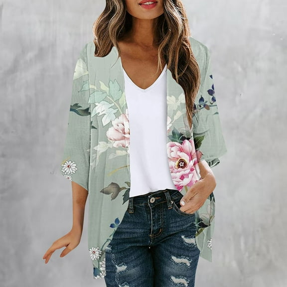 Xixinqiwan Womens Kimono Beach Cover Up for Summer Floral Printed Chiffon Cardigan Loose Casual Tops Capes