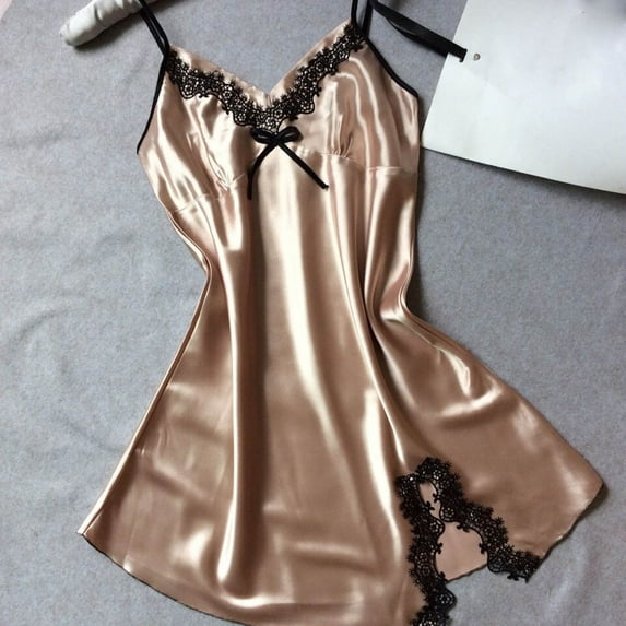 Xixinqiwan Womens Lace Lingerie Pajama Dress Silky Mini Camisole Lounge Satin Sleeveless Nightgowns Beige S