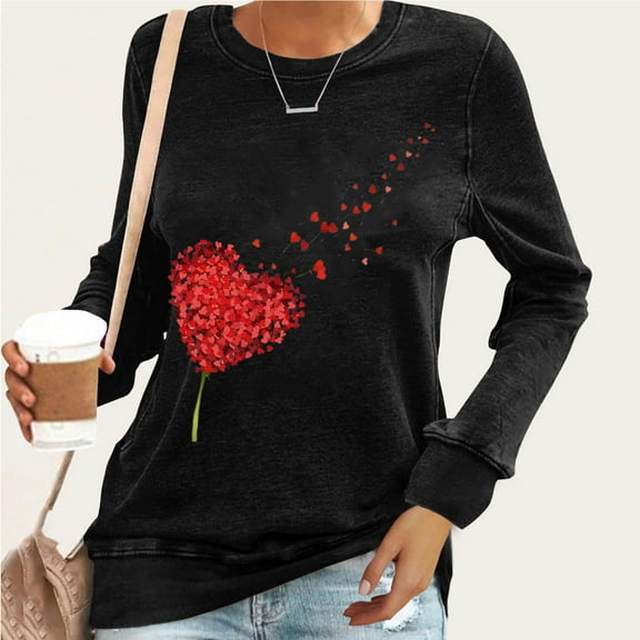 Xixinqiwan Womens Long Sleeve Shirts,Women Romantic Love Graphic Print Shirt Casual Heart Long Sleeve Pullover Tops Round Neck Hoodless Sweatshirt