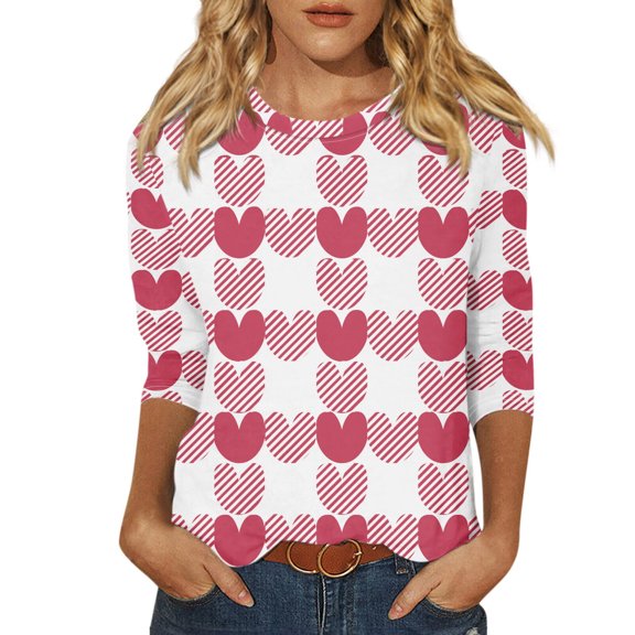 Xixinqiwan Womens Lover Long Sleeve Shirts,Women Girls Plus Size 3/4 Sleeve Shirts Cute 3D Colorful Heart Pattern Graphic Tees Loose Fit Cozy Tunic Blouse