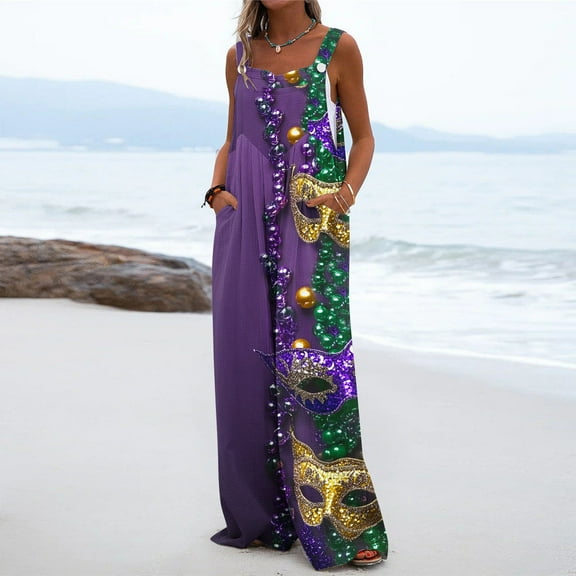 Xixinqiwan Womens Mardi Gras Jumpsuits,Mardi Gras Themed Women's Print Overalls Adjustable Strap Loose Fit Jumpsuit with Pockets for New Orleans Party Carnival