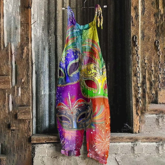 Xixinqiwan Womens Mardi Gras Jumpsuits,Women's Mardi Gras Themed Playsuit Casual Loose Vintage Shoulder Strap Cotton Linen Spaghetti Strap Rompers