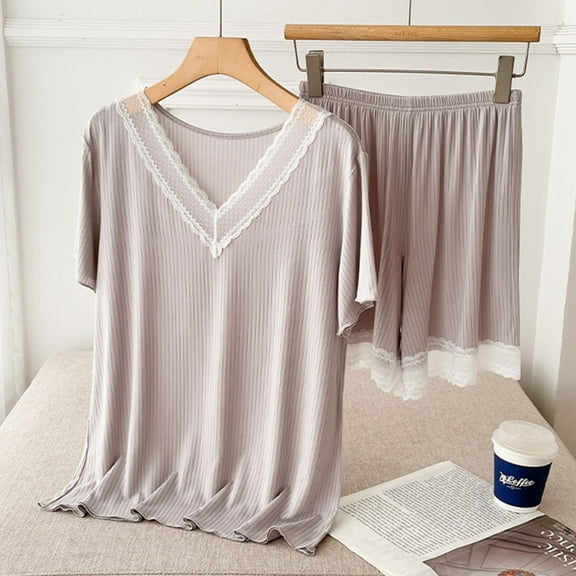 Xixinqiwan Womens Pajama Sets,Women Nightwear Short Sleeve Tunic Blouse and Shorts Pajama Set V Neck Solid Color Sleepwear Home Clothing