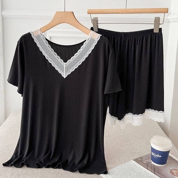 Xixinqiwan Womens Pajama Sets,Women Nightwear Short Sleeve Tunic Blouse and Shorts Pajama Set V Neck Solid Color Sleepwear Home Clothing
