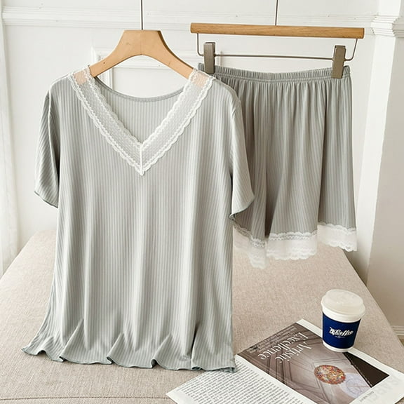 Xixinqiwan Womens Pajama Sets,Women Nightwear Short Sleeve Tunic Blouse and Shorts Pajama Set V Neck Solid Color Sleepwear Home Clothing