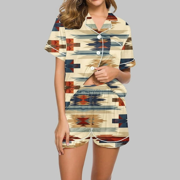 Xixinqiwan Womens Pajama Sets,Women's Cotton Modal Piped Notch Collar Pajama Set Short Sleeve Loungewear Shorts with Pockets