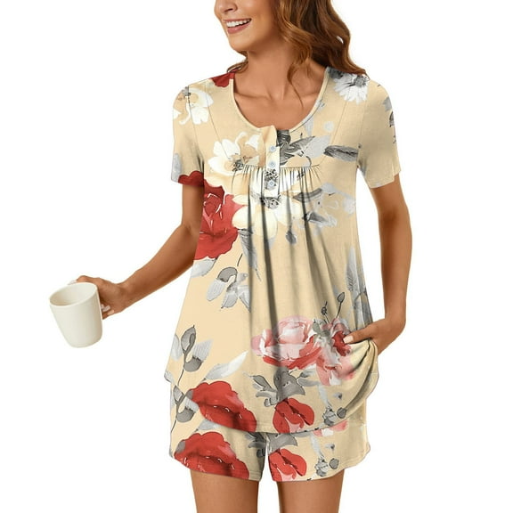 Xixinqiwan Womens Plus Size Pajama Sets,Womens Modal Cotton Lounge Set Short Sleeve Top and Shorts Sleepwear Pajama Set Two Piece Shorts Outfits Set