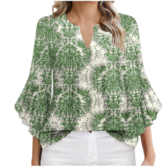Xixinqiwan Womens Plus Size Summer Tops,Women’s 3/4 Sleeve T Shirts Casual Floral Pleated Tops Summer Fashion Tees Blouse Green S