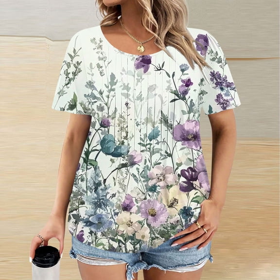 Xixinqiwan Womens Plus Size Tops Short Sleeve Crew Neck T Shirts Solid Basic Tee Casual Tunic Pleated Blouse White M