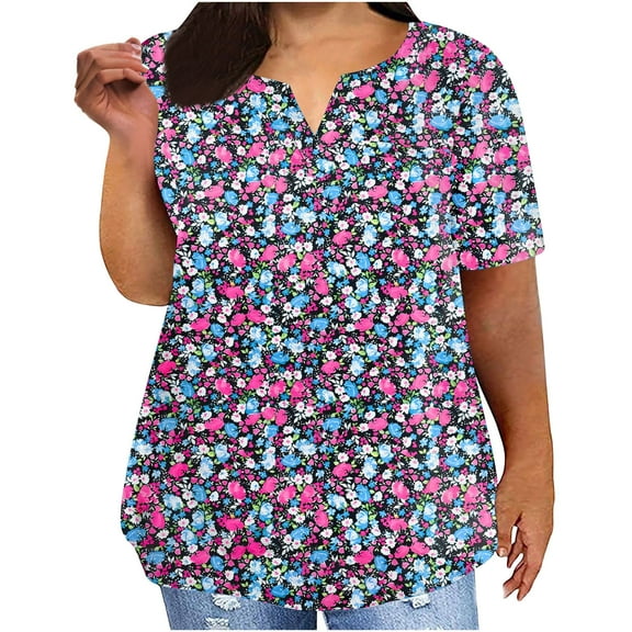 Xixinqiwan Womens Short Sleeve T Shirts Plus Size 2025 Summer V-Neck Button Down Floral Dressy Casual Blouses Purple S