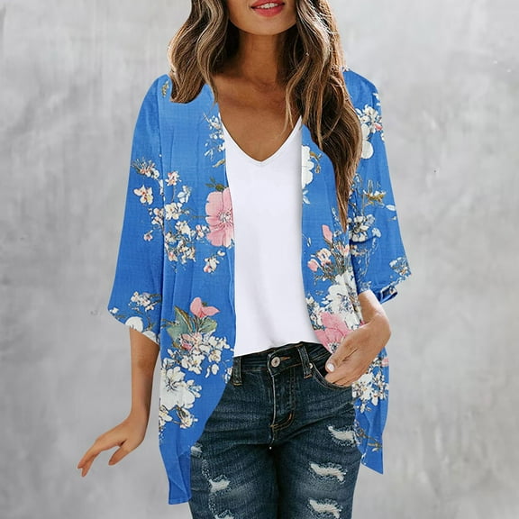 Xixinqiwan Womens Summer Lightweight Cardigans 3/4 Ruffles Sleeve Open Front Thin Cardigans Floral Printed Draped Duster Cover Up