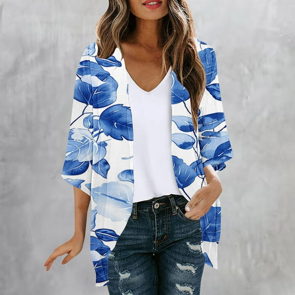 Xixinqiwan Womens Summer Lightweight Cardigans 3/4 Ruffles Sleeve Open Front Thin Cardigans Floral Printed Draped Duster Cover Up
