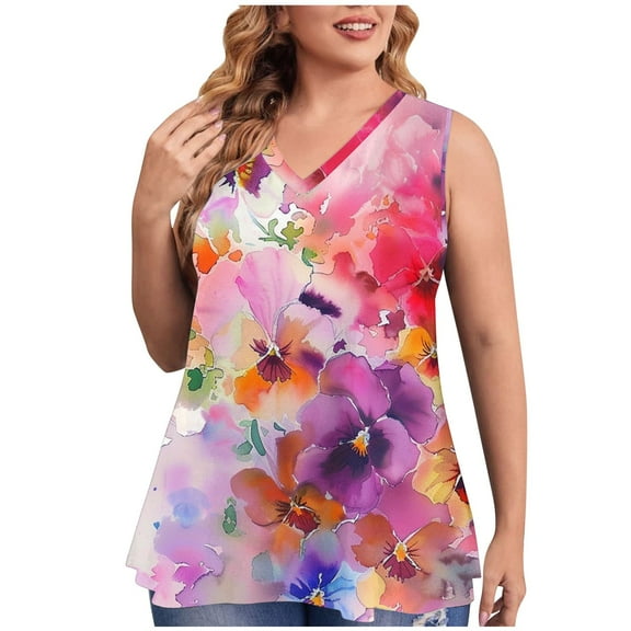 Xixinqiwan Womens Summer Plus Size Tank Tops Dressy Casual Sleeveless V Neck Tee Shirts Pleated Floral Tunic Blouses