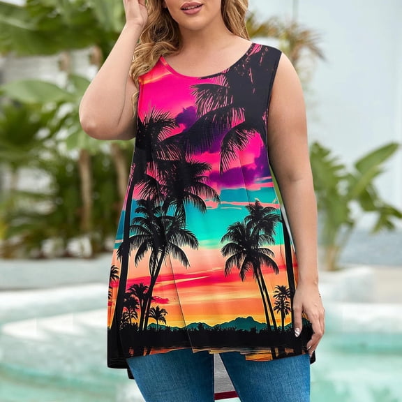 Xixinqiwan Womens SummerPlus Size Tops Crew Neck Tank Tops Pleated Floral Printed T Shirts Casual Sleeveless Tops Blouse