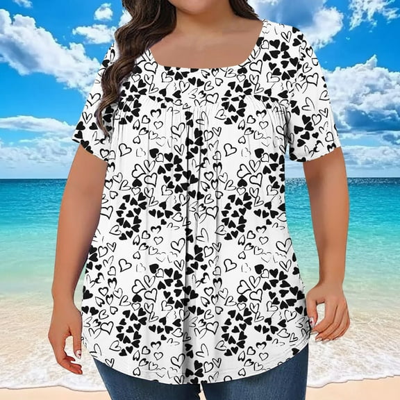 Xixinqiwan Womens Tops,Womens Plus Size Summer Tops Short Sleeve Cotton Knit Shirts Casual Square Neck Flowy Dress Blouses Black XXXXL