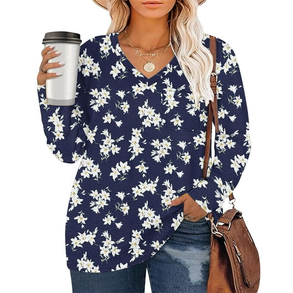 Xixinqiwan Womens Tops Plus Size Long Sleeve V Neck Causal Blouse Dressy Shirts Trendy Pleated Tunic for Legging