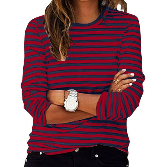 Xixinqiwan Womens Tops Plus Szie Striped Blouse Long Sleeve Crewneck Loose Cozy T Shirts
