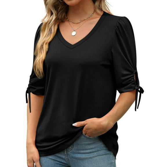 Xixinqiwan Womens Tunic T Shirts Summer Short Sleeve V Neck Pleated Tops Casual Loose Basic Tee