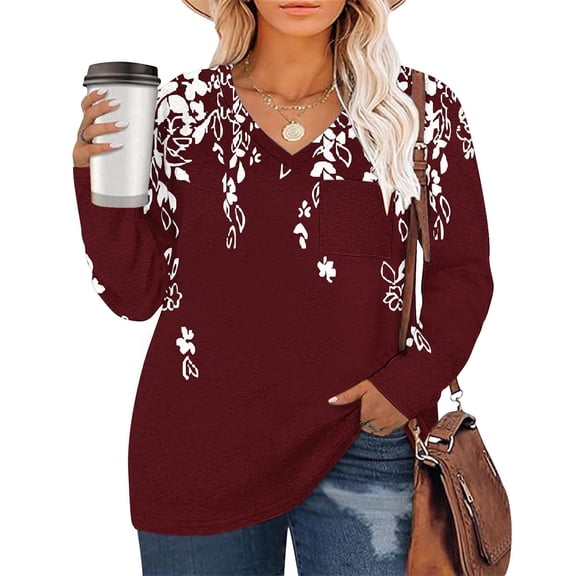 Xixinqiwan Womens Tunic Tops Plus Size Long Sleeve V-neck T-Shirts Loose Comfy Soft Blouse with Pocket