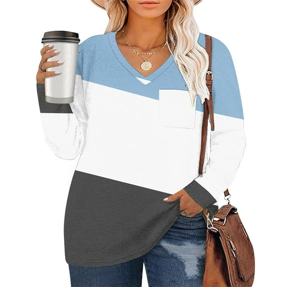 Xixinqiwan Womens Tunic Tops Plus Size Long Sleeve V-neck T-Shirts Loose Comfy Soft Blouse with Pocket