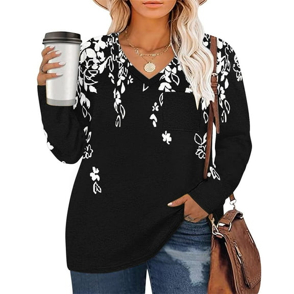 Xixinqiwan Womens Tunic Tops Plus Size Long Sleeve V-neck T-Shirts Loose Comfy Soft Blouse with Pocket