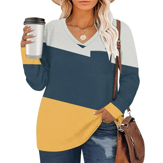 Xixinqiwan Womens Tunic Tops Plus Size Long Sleeve V-neck T-Shirts Loose Comfy Soft Blouse with Pocket