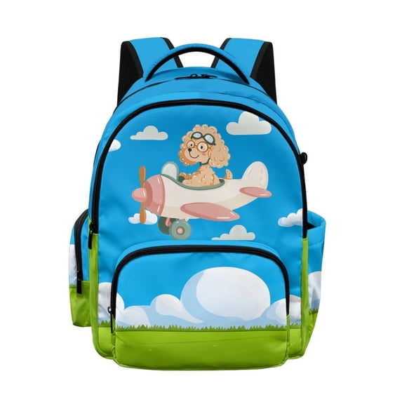 Xixirimido 17" Multi Pockets Kids Backpack for Boys Lightweight School Bag Girls Large Bookbag for Elementary Middle School Students, Cartoon Poodle Pilot Airplane Print