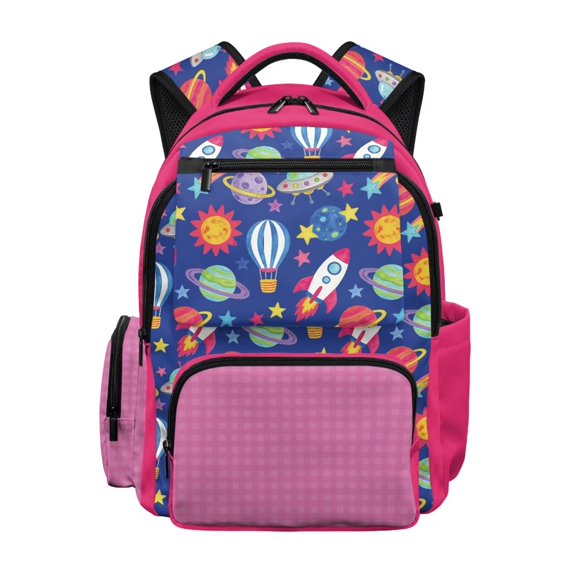 Xixirimido 17inch Backpack for Kids Multi-pocket School Bag for Boys Girls Large Capacity Bookbag for Preschool Kindergarten Elementary Students, Space Rocket Planet Pink Gingham