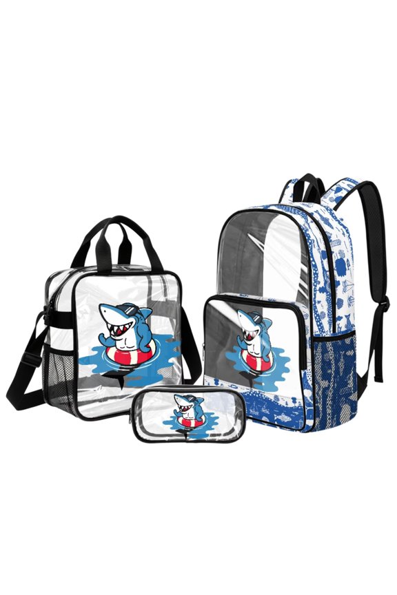 3 Pack Clear Backpack Set Stadium Approved Transparent Backpack with Lunch Bag & Pencil Case PVC Waterproof See Through School Bag, Cute Cartoon Shark