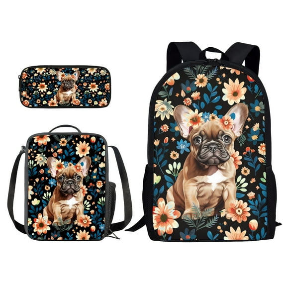 Xixirimido 3 Pack Kids School Backpack Set for Teen Boys Girls Lunch Box Pencil Bag, Junior Schoolbag Bookbag for Students, Pug Dog Boho Flower Pattern