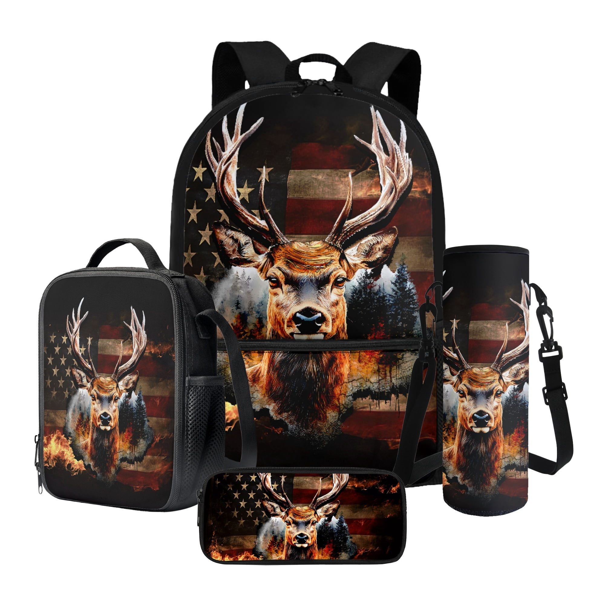 Xixirimido 4th of July American Flag Hunting Deer Pattern School Backpack for Kids 4Pcs Set 17" Durable Bookbag, Thermal Lunch Bag, Pencil Pouch, Water Bottle Carrier for Boys Students