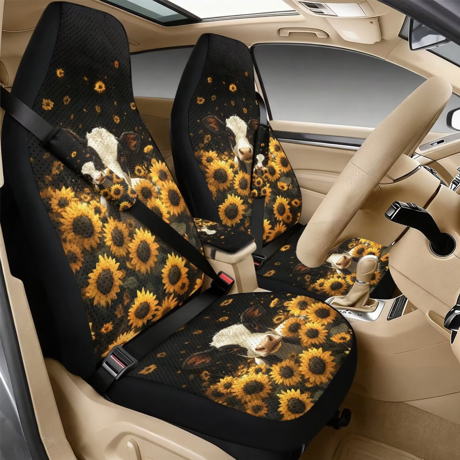 Xixirimido 5-Piece Car Seat Cover Set Breathable PU Leather Front Seat Covers with Seat Belt & Console Covers Universal Fit for SUV, Sedan, Truck, Black Cow Sunflower