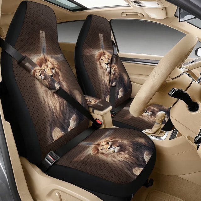 Xixirimido 5-Piece Car Seat Cover Set Breathable PU Leather Front Seat Covers with Seat Belt & Console Covers Universal Fit for SUV, Sedan, Truck, Brown Cross & Lion