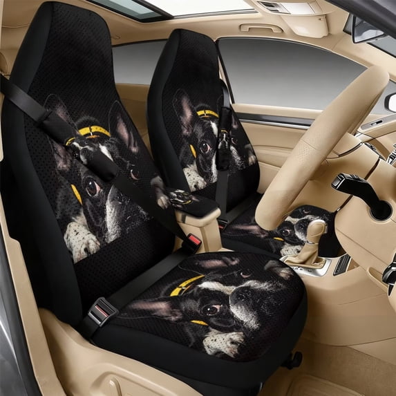 Xixirimido 5Pcs Car Seat Covers & Seatbelt Covers & Center Console Cover Set Universal Auto Accessories Fit for SUV Sedan Van Truck Leather Front Seat Cover, Black French Bulldog