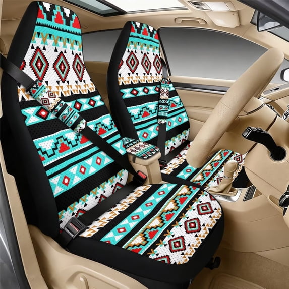 Xixirimido 5Pcs Car Seat Covers & Seatbelt Covers & Center Console Cover Set Universal Auto Accessories Fit for SUV Sedan Van Truck Leather Front Seat Cover, Ethnic Tribal Green