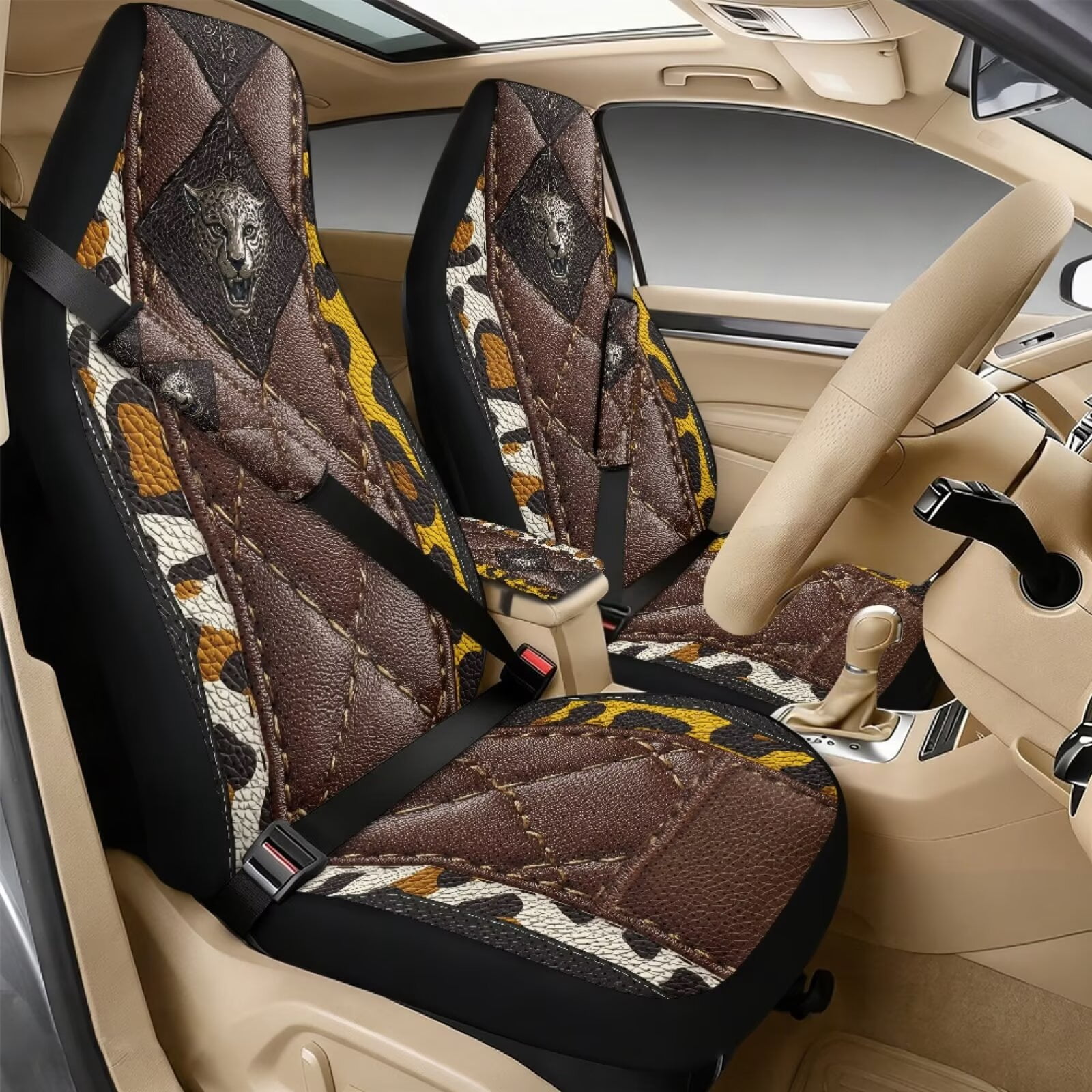 Xixirimido 5Pcs Car Seat Covers & Seatbelt Covers & Center Console Cover Set Universal Auto Accessories Fit for SUV Sedan Van Truck Leather Front Seat Cover, Brown Leopard Cheetah