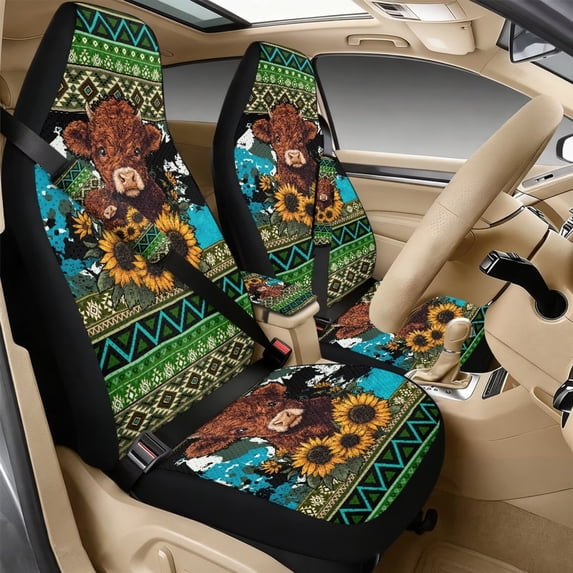 Xixirimido 5Pcs Car Seat Covers & Seatbelt Covers & Center Console Cover Set Universal Auto Accessories Fit for SUV Sedan Van Truck Leather Front Seat Cover, Ethnic Tribal Cow Sunflower Cowhide