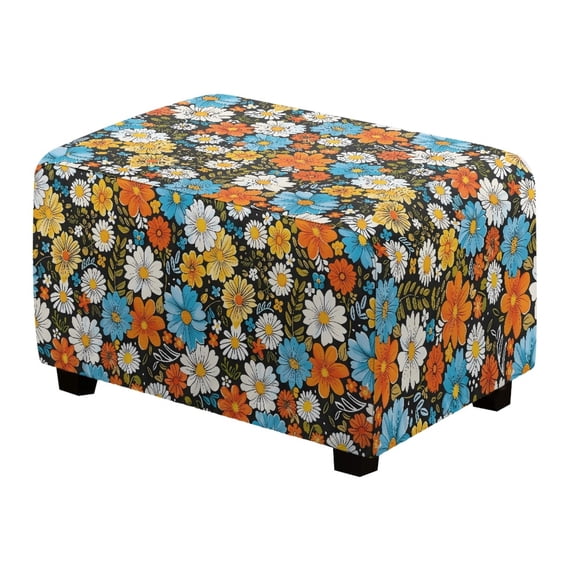 Xixirimido 70S 80S Retro Hippie Flowers Pattern Ottoman Cover Rectangle Stretch Footrest Stool Cover for Storage Ottoman, Foot Stool Slipcover Protector with Nonslip Elastic Bottom, Small