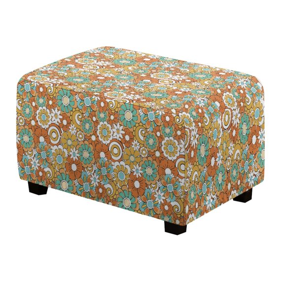 Xixirimido 80S 90S Hippie Flower Pattern Ottoman Cover Rectangle Footrest Ottoman Slipcovers Footstool Cover Form Fit Stretch Ottomans Protective Cover for Living Room, Small