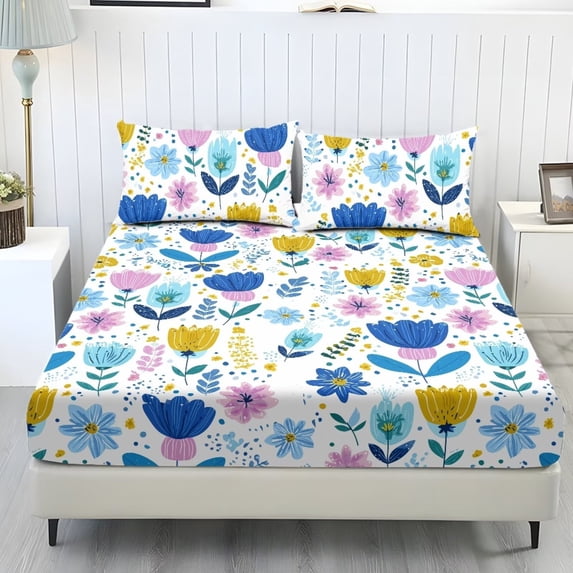 Xixirimido Abatract Flowers Print Sheet Set Breathable Fitted Bottom Sheet Soft Wrinkle-Resistant Durable Bedding Set with Deep Pockets for Home Decor, Twin Size