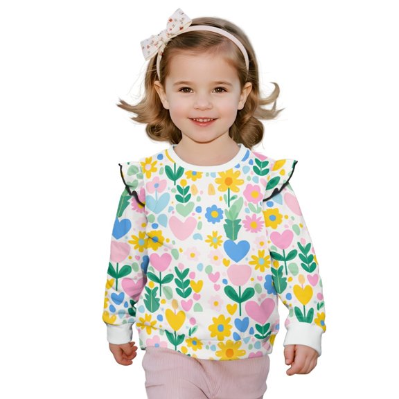 Xixirimido Abstract Boho Floral Heart Print Graphic Toddler Girls Sweatshirt Long Sleeve Ruffle Shoulder Pullover Sweater Casual Crewneck Fall Winter Top, for 4-5T