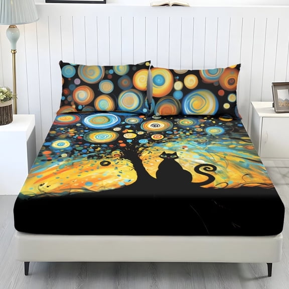 Xixirimido Abstract Cat Starry Night Print 3-Piece Bedding Set Hotel Luxury - Deep Pocket Fitted Sheet & 2 Pillowcases - Ultra Soft & Wrinkle Resistant, Twin Size